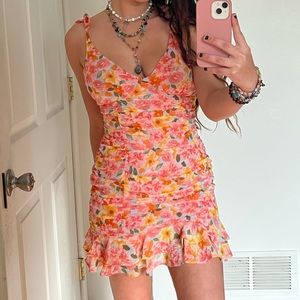 Pink floral tie mini dress